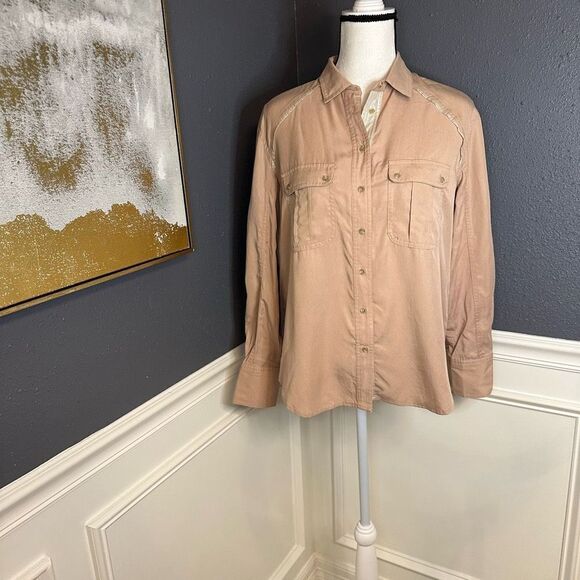 Free People Off Campus Button Down Shirt Blush Silver Metallic Trim Sz XS - Picture 3 of 10